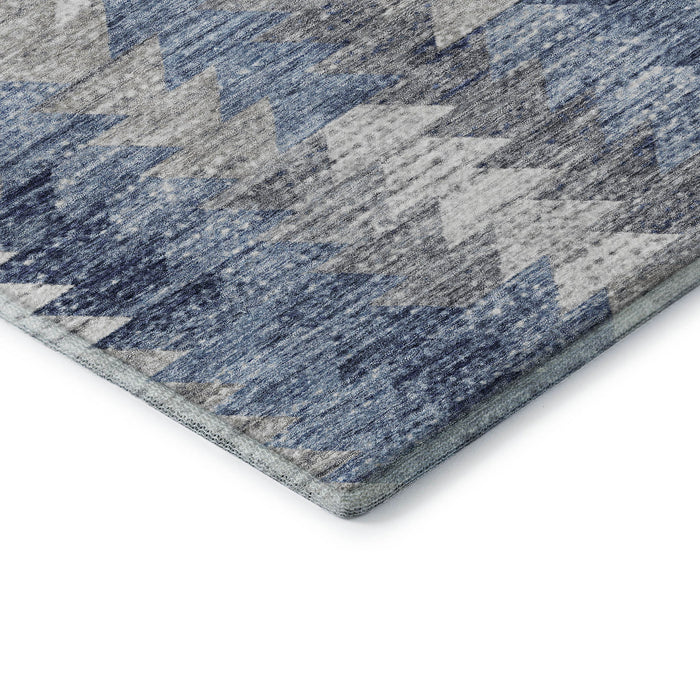 8' Geometric Washable Round Rug With UV Protection (653125) - Blue / Ivory / Gray