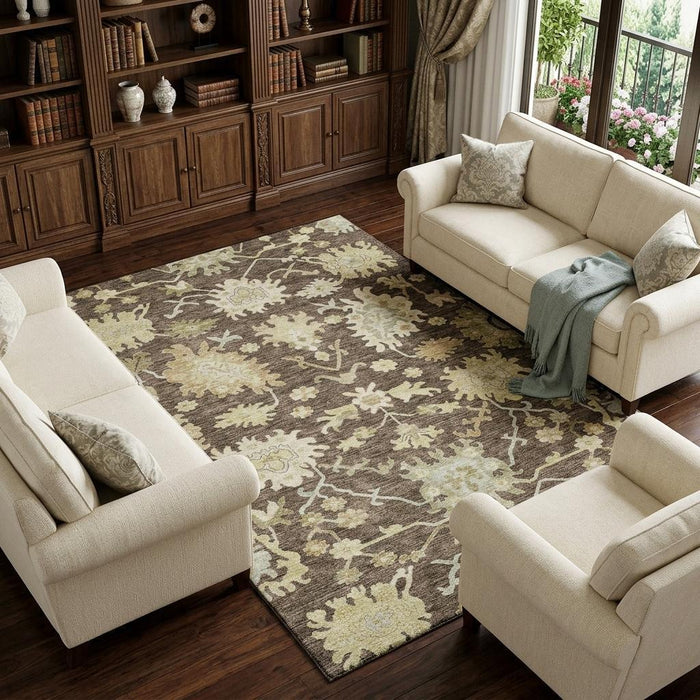 10' X 14' Floral Medallion Washable Area Rug With UV Protection (686849) - Chocolate / Beige / Ivory