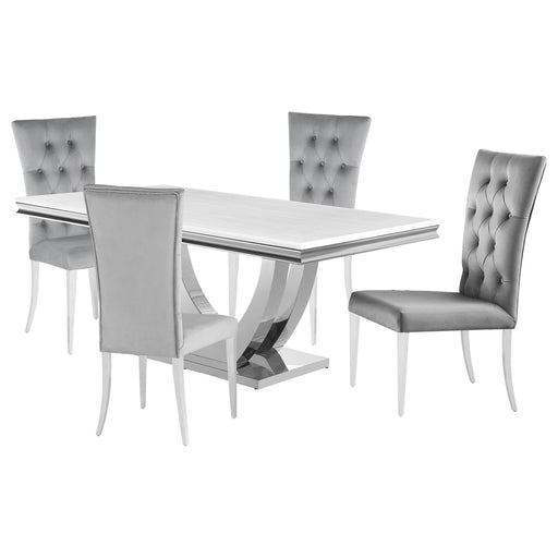 CoasterElevations Kerwin 5-piece rectangular dining table set with grey fabric chairs and chrome legs, modern home furniture.