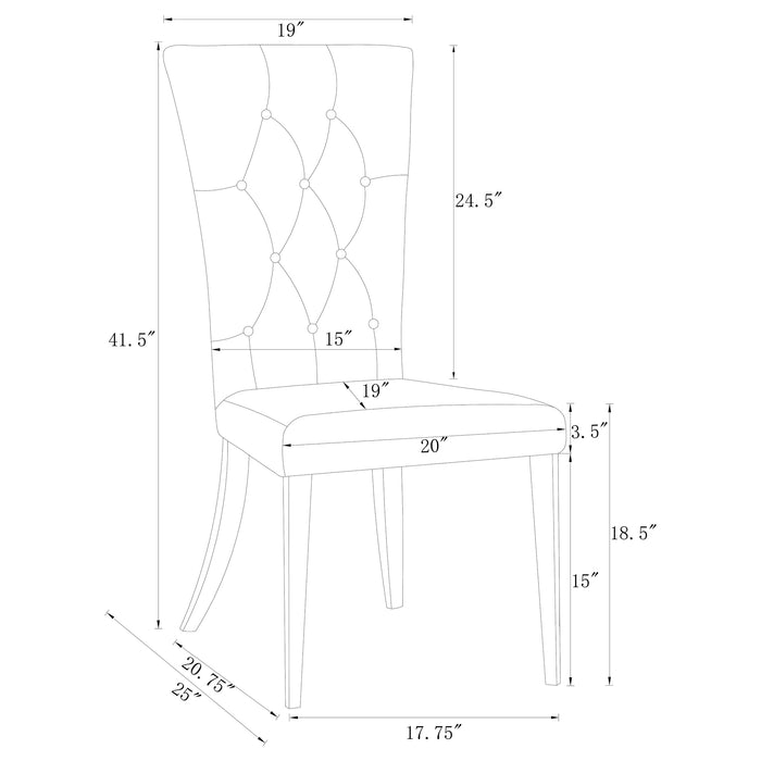 Set of two CoasterElevations Kerwin velvet upholstered dining side chairs in grey with high backs and wooden legs.
