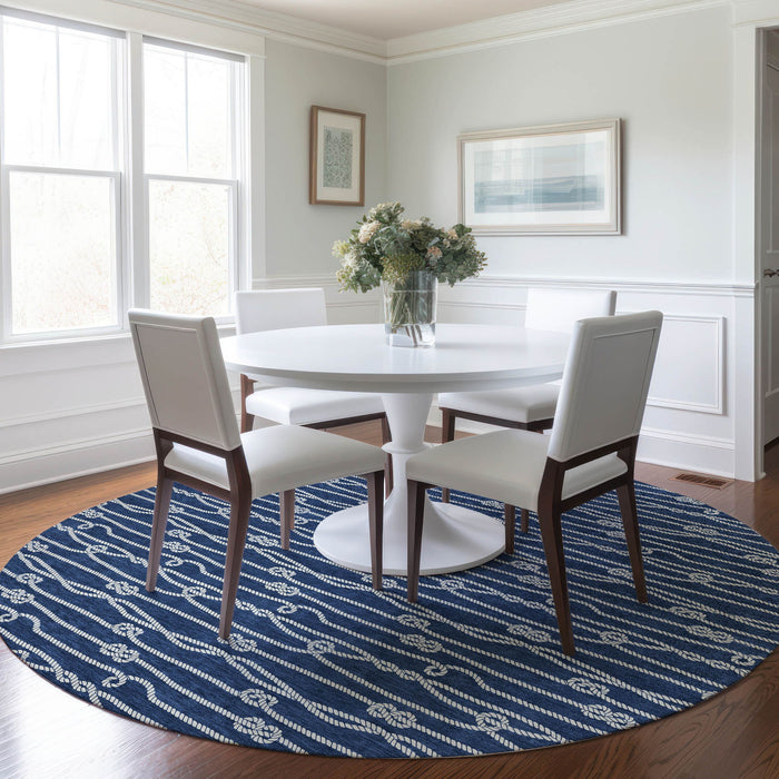 8' Nautical Washable Round Rug With UV Protection - Navy Blue / Ivory