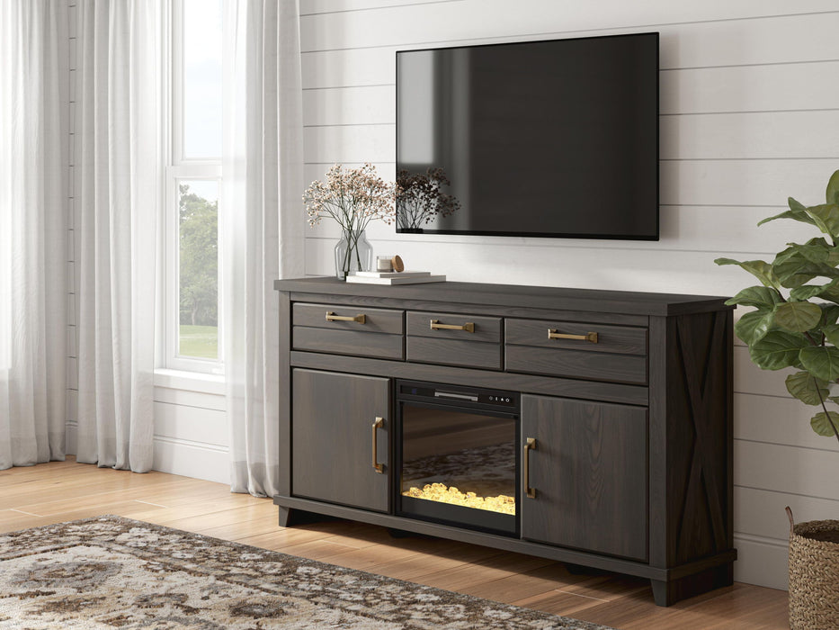 Signature Design by Ashley Brazen Valley TV stand with fireplace option, featuring a modern wood finish and ample storage space.