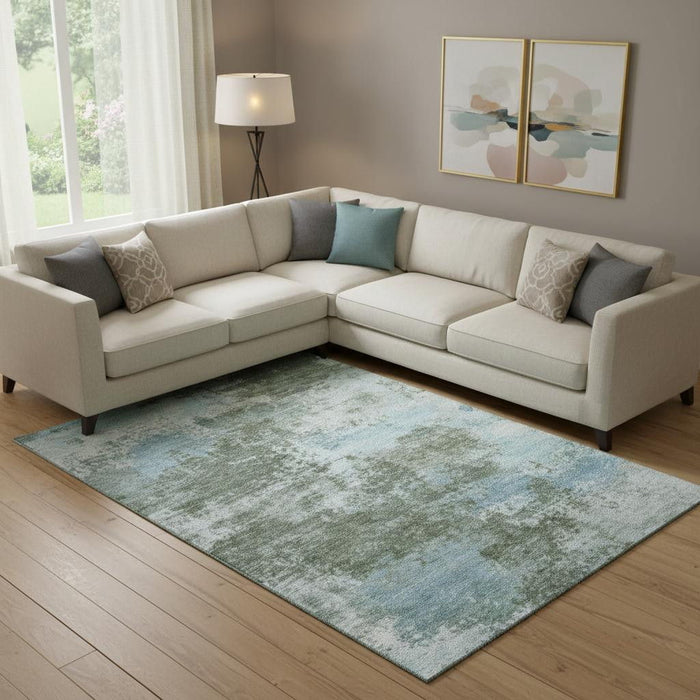 10' X 14' Abstract Washable Area Rug With UV Protection (716905) - Sage / Sky Blue
