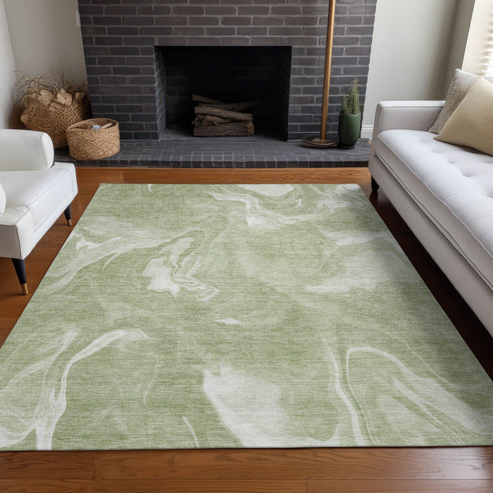 8' X 10' Abstract Washable Area Rug Polyester With UV Protection - Artichoke Green And Ivory