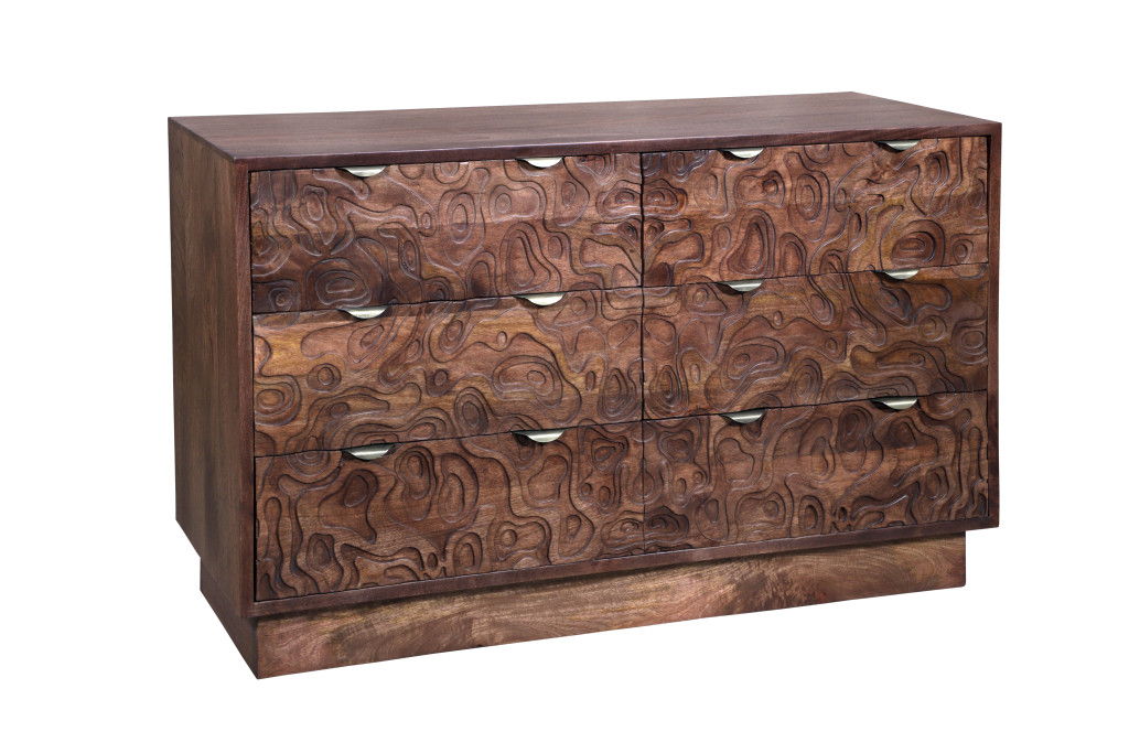 57" Carved Abstract Solid Wood Six Drawer Dresser - Brown