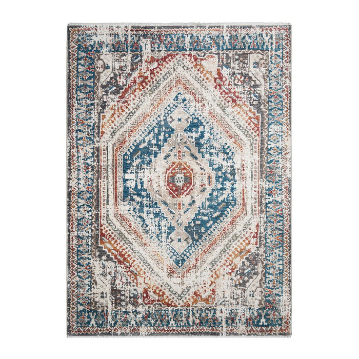 9' x 13' Geometric Distressed Area Rug With Fringe - Teal Taupe And Rust