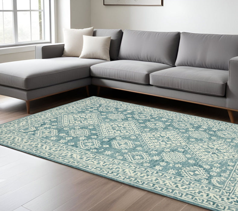 8' X 11' Wool Oriental Hand Hooked Area Rug - Aqua And Ivory