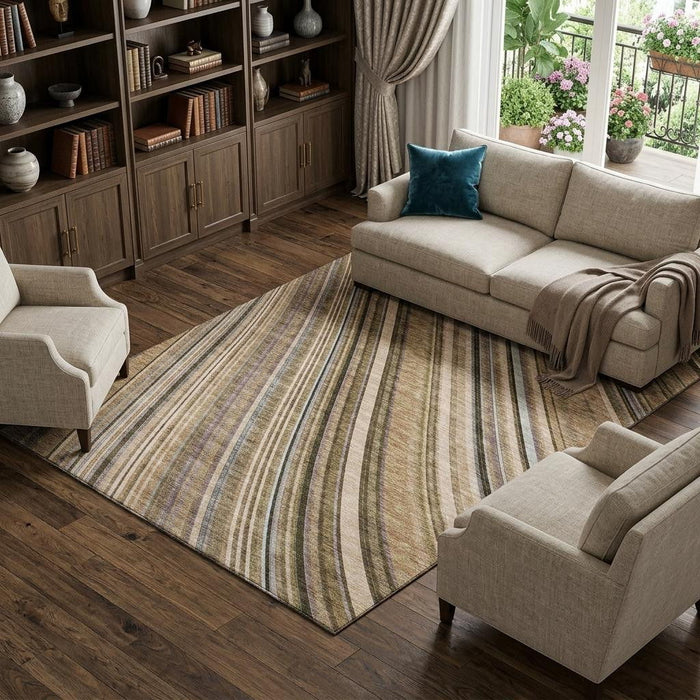10' X 14' Striped Washable Area Rug With UV Protection (677513) - Taupe / Brown / Beige
