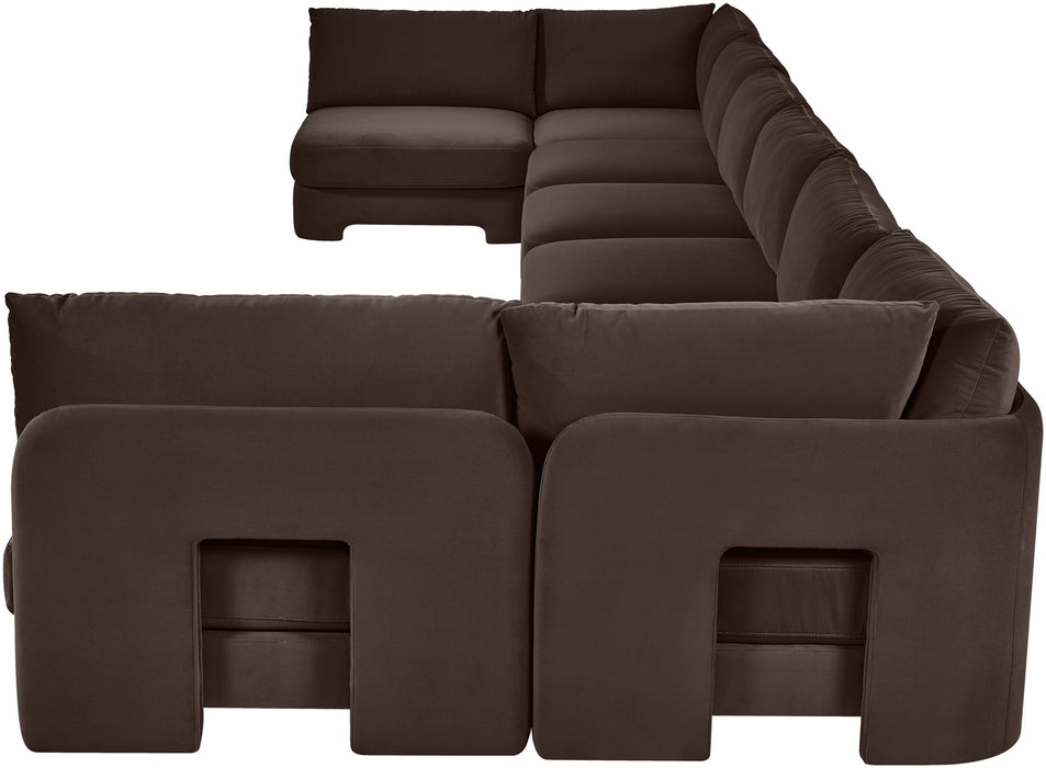 Beige Hammond velvet upholstered 8-piece U-shaped sectional sofa by Meridian Furniture, armless design, stationary living room furniture.