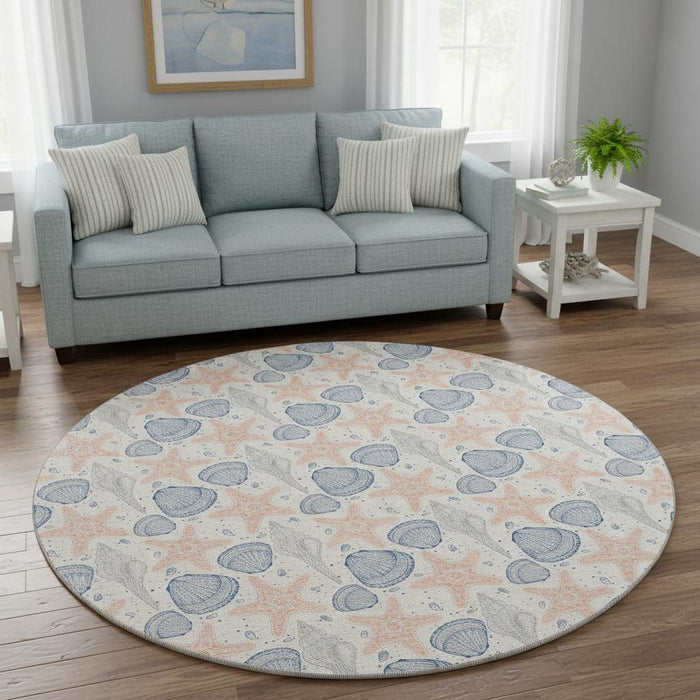 8' Geometric Washable Round Rug With UV Protection (645765) - Peach / Ivory / Navy Blue