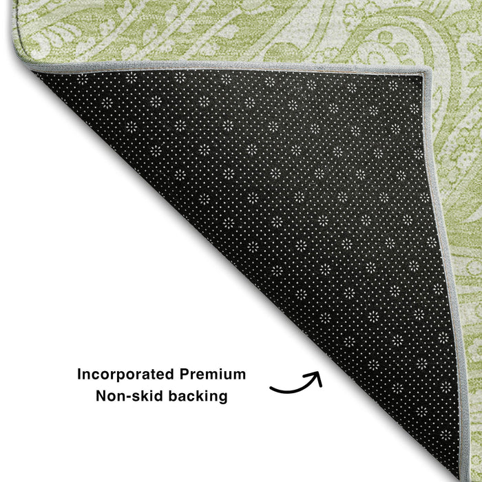 8' Paisley Washable Round Rug With UV Protection (654629) - Artichoke Green / Ivory