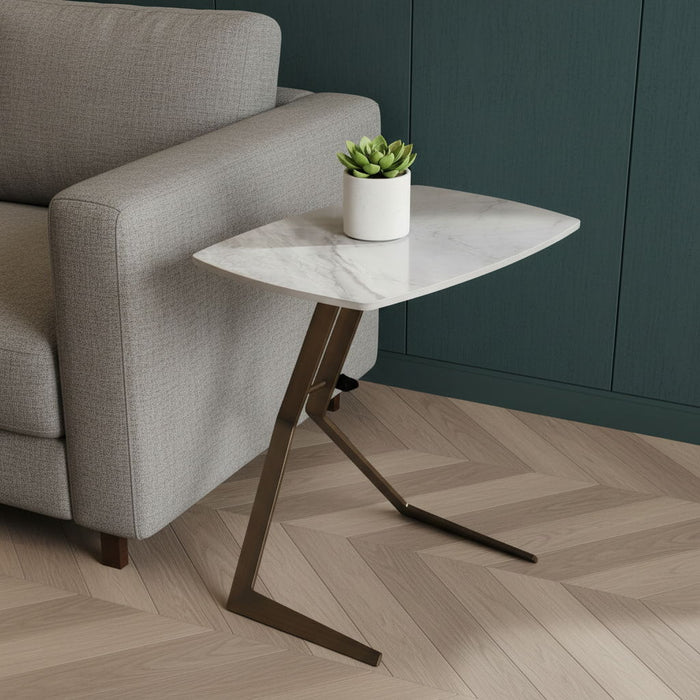 Ceramic Faux Marble Steel End Table - White / Bronze