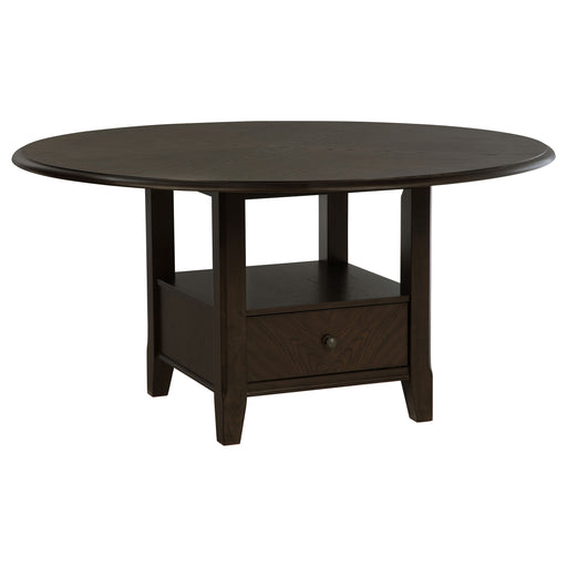 Dark cocoa Twyla 60-inch round dining table with built-in drawer, featuring a sturdy wooden design and smooth finish.