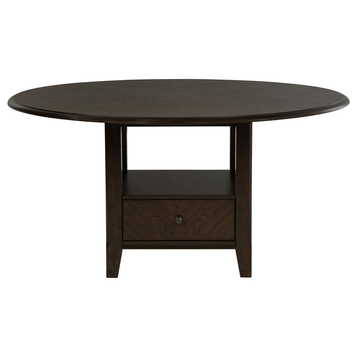 Dark cocoa Twyla 60-inch round dining table with built-in drawer from CoasterEveryday, showcasing its smooth wooden surface and modern design.