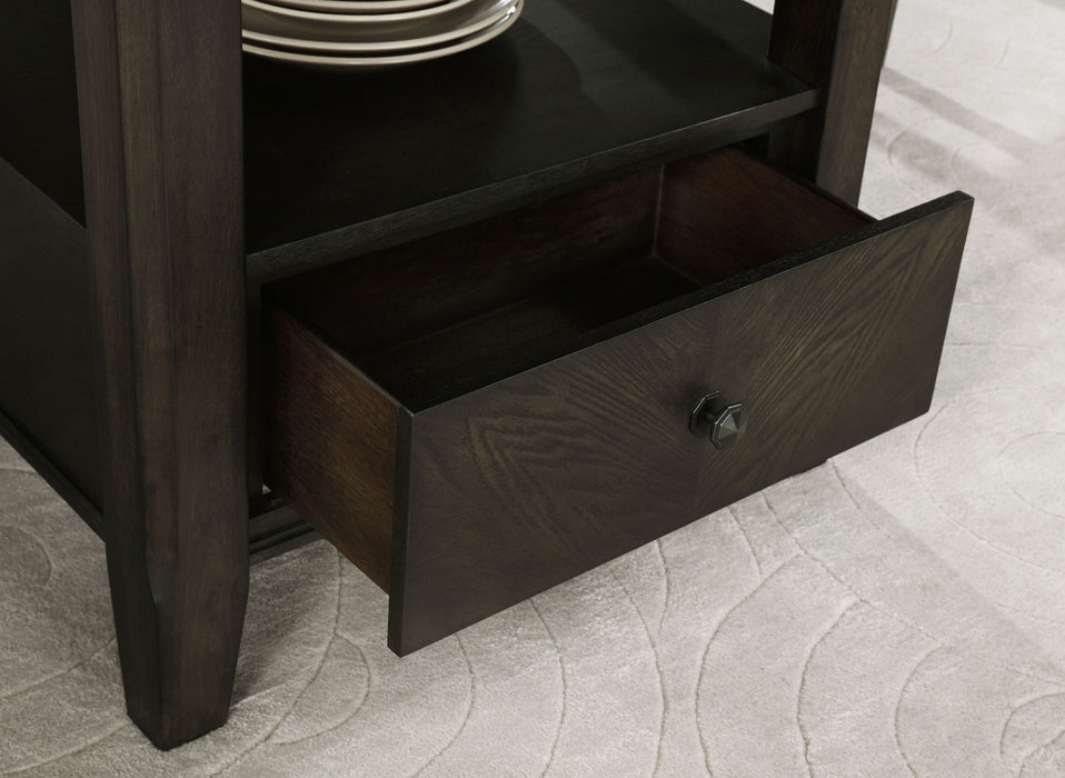 Dark cocoa Twyla 60-inch round dining table with built-in drawer, showcasing smooth wooden surface and sturdy legs.