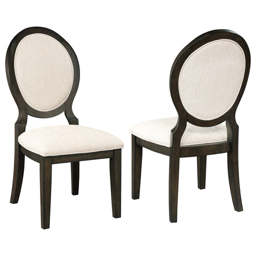 Set of two CoasterEssence Twyla oval back dining side chairs in dark cocoa finish, showcasing sleek wooden furniture design.