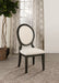 Set of two CoasterEssence Twyla oval back dining side chairs in dark cocoa wood finish, showcasing upholstered seats and stylish design.