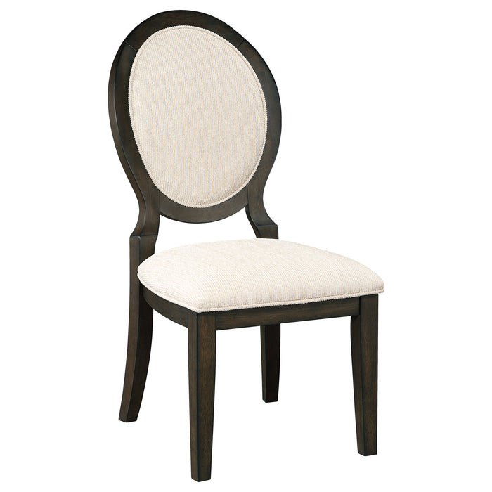 Set of two Twyla oval back dining side chairs by CoasterEssence with dark cocoa wood finish and upholstered seats.