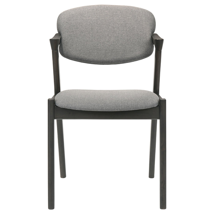 Pair of CoasterEssence Stevie padded wood dining arm chairs in black with cushioned seats and armrests, set of two.
