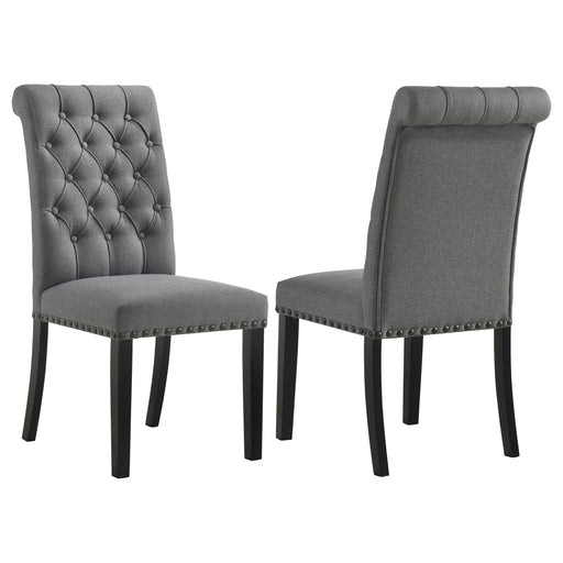 Set of two grey Alana fabric upholstered dining side chairs from CoasterEssence, showcasing cushioned seats and modern design.