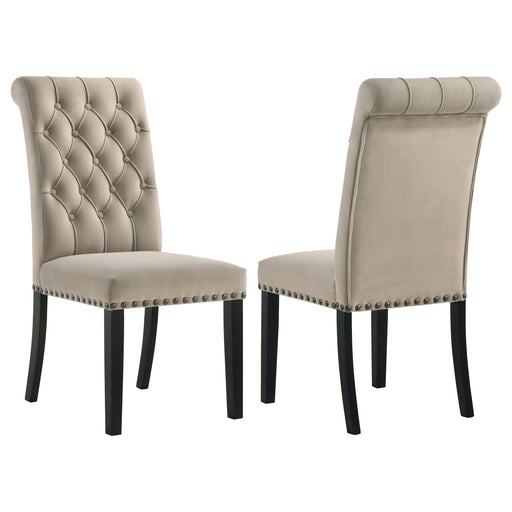 Set of two CoasterEssence Alana velvet upholstered dining side chairs in sand color, with cushioned seats and modern design.