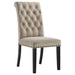 Set of two CoasterEssence Alana velvet upholstered dining side chairs in sand color with sleek wooden legs.