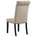 CoasterEssence Alana velvet upholstered dining side chairs in sand color, set of 2, featuring padded seats and elegant wooden legs.