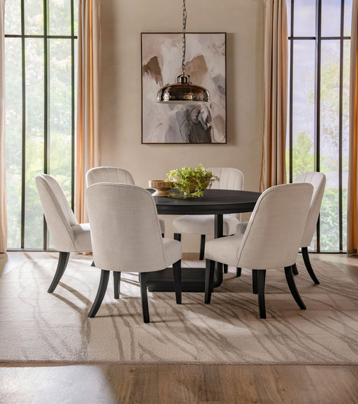 CoasterEveryday Leandro 7-piece round dining table set in burnished black with matching chairs, modern furniture for dining room.