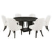 CoasterEveryday Leandro 7-piece round dining table set in burnished black with matching chairs and sturdy wooden legs.
