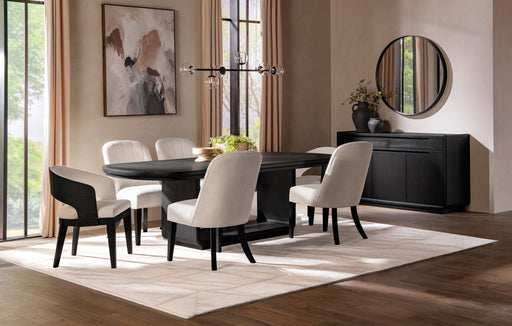 CoasterEveryday Leandro 7-piece rectangular dining table set in burnished black with matching chairs and sleek modern design.