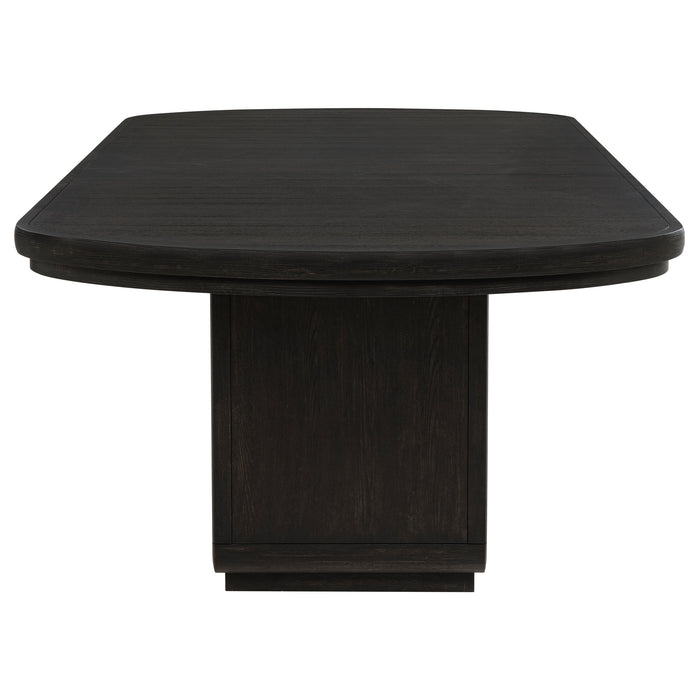 CoasterEveryday Leandro 7-piece rectangular dining table set in burnished black with matching chairs and table design.