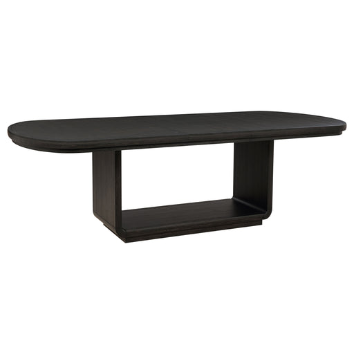 Leandro 78-inch extension dining room table in burnished black with a sleek, modern design and sturdy wooden legs.