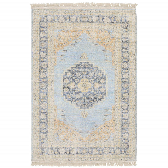 8' x 10' Oriental Hand Loomed Stain Resistant Area Rug With Fringe - Blue And Beige