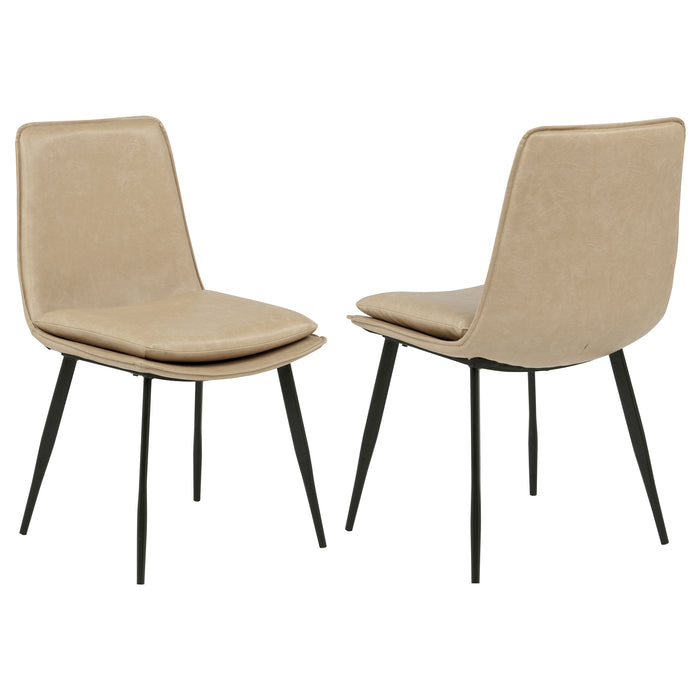 Set of two Ortega tan upholstered dining side chairs with wooden legs, showcasing modern furniture design and comfortable seating.