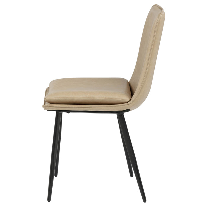 Set of two Ortega upholstered dining side chairs in tan fabric with dark wood legs, modern kitchen or dining room furniture.