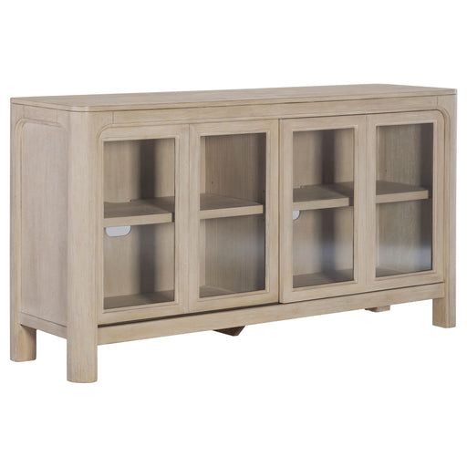 Weathered mango Solano sliding door dining sideboard by CoasterEveryday showing the modern furniture with sliding doors and side compartments.