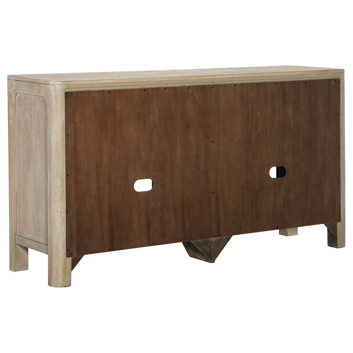 Weathered mango Solano sliding door dining sideboard by CoasterEveryday, showcasing wood grain and modern furniture design.