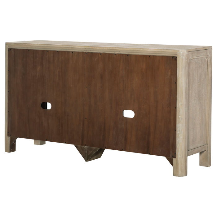 Weathered mango Solano sliding door dining sideboard by CoasterEveryday, showcasing a modern furniture piece with sleek sliding doors.