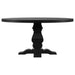 Black Florence Round 60-inch Pedestal Base Dining Table by CoasterEveryday, showing the sleek round tabletop and pedestal base.