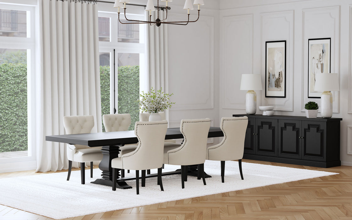 CoasterEveryday Florence 7-piece 126-inch extension dining table set in distressed black with matching chairs and table extension leaves.