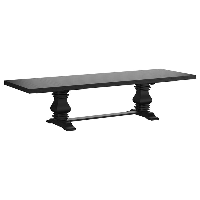 Florence 7-piece 126-inch extension dining table set in distressed black with matching chairs, showcasing a stylish modern furniture design.