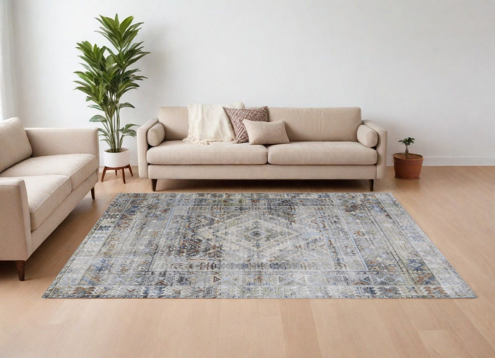 9' x 13' Abstract Power Loom Worn Faded Area Rug - Gray Blue And Red