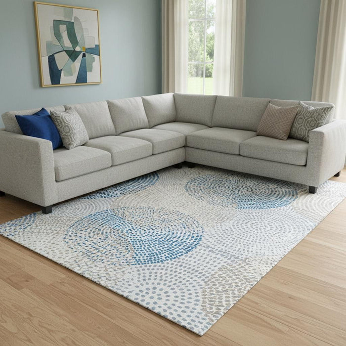 10' X 14' Abstract Washable Area Rug With UV Protection (650368) - Ivory / Blue