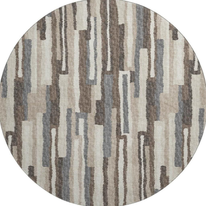 8' Transitional Abstract Washable Round Rug With UV Protection - Brown