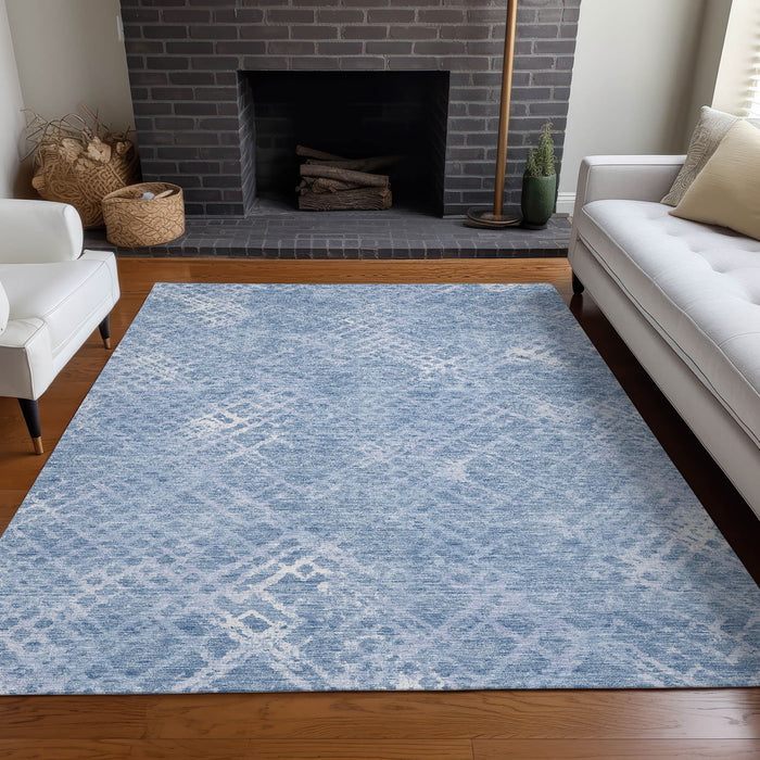 10' X 14' Abstract Geometric Washable Area Rug With UV Protection - Sky Blue And Ivory