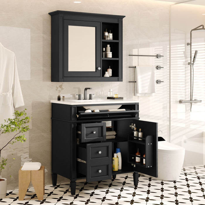 Giga bathroom vanity with medicine cabinet, modern storage cabinet featuring two soft-close doors and four drawers, sleek design.