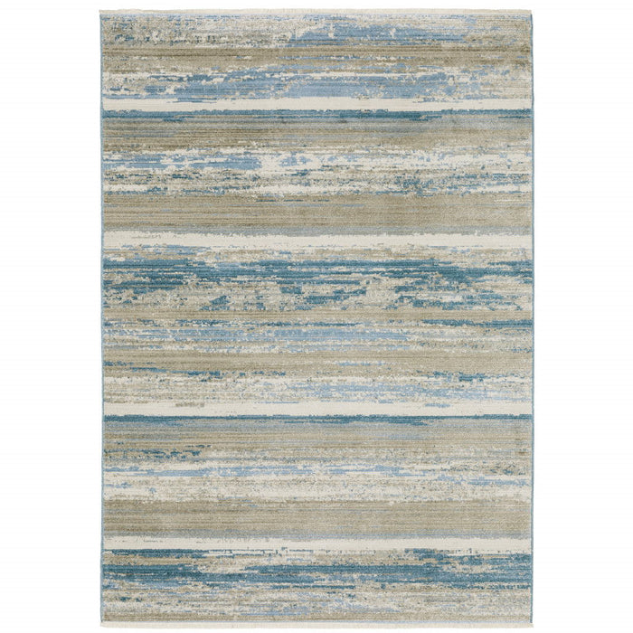10' x 13' Abstract Power Loom Stain Resistant Area Rug With Fringe - Ivory Beige Gray Blue And Tan