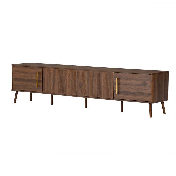 Giga walnut TV stand for up to 85-inch TVs with fluted door, cable management, and soft-closing hinges.