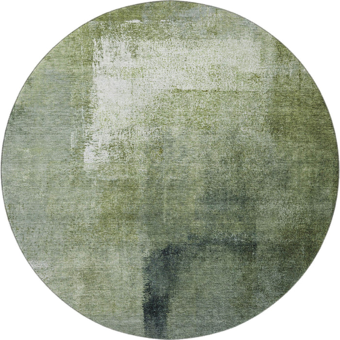 8' Abstract Washable Round Rug Polyester With UV Protection - Green And Ivory