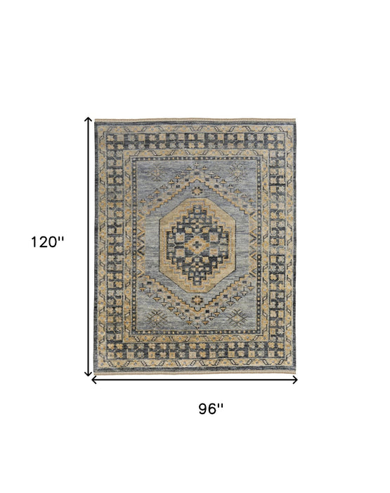 8' x 10' Wool Oriental Hand Knotted Area Rug With Fringe - Blue Gray And Tan